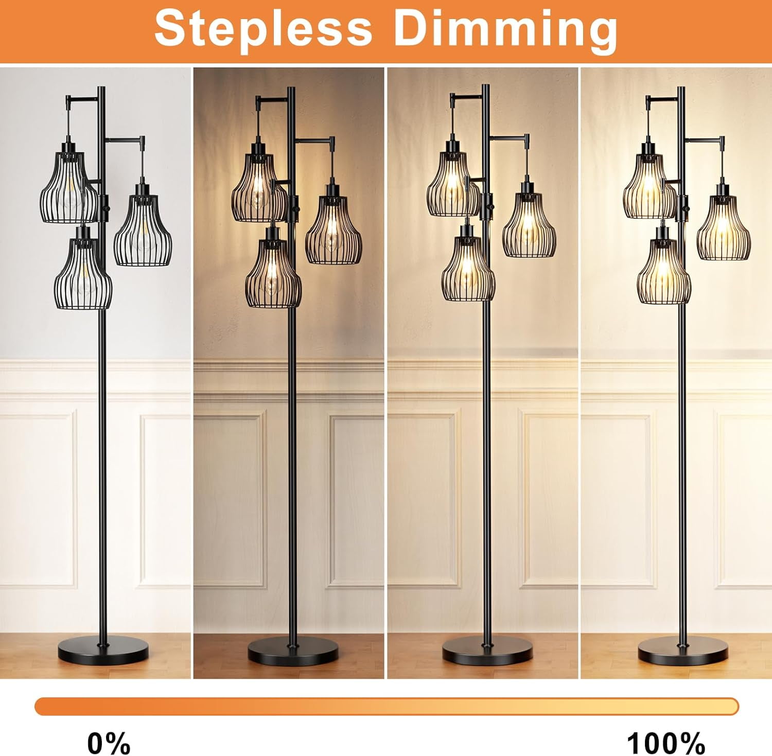 75.2" Tall Industrial Floor Lamp with 3 Unique Birdcage Shade Design, Dimmable LED Edison Bulbs Included, Modern Standing Lamp for Living Room, Bedroom, Office – Extra Height for Ultimate Ambiance