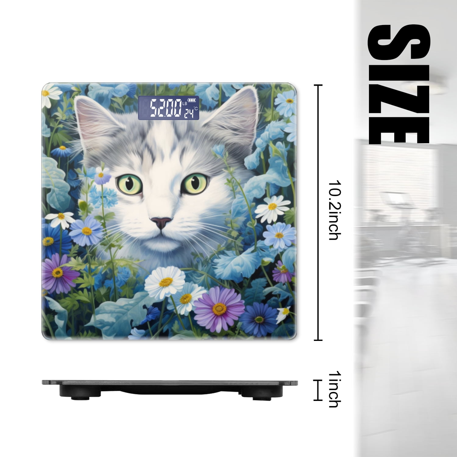 High Precision Body Weight Scale Smart Bathroom Scales with Large LCD Display(400lbs),Decorative for Bedroom-Gray And White Cat With Green Eyes Surrounded By Blue Daisies