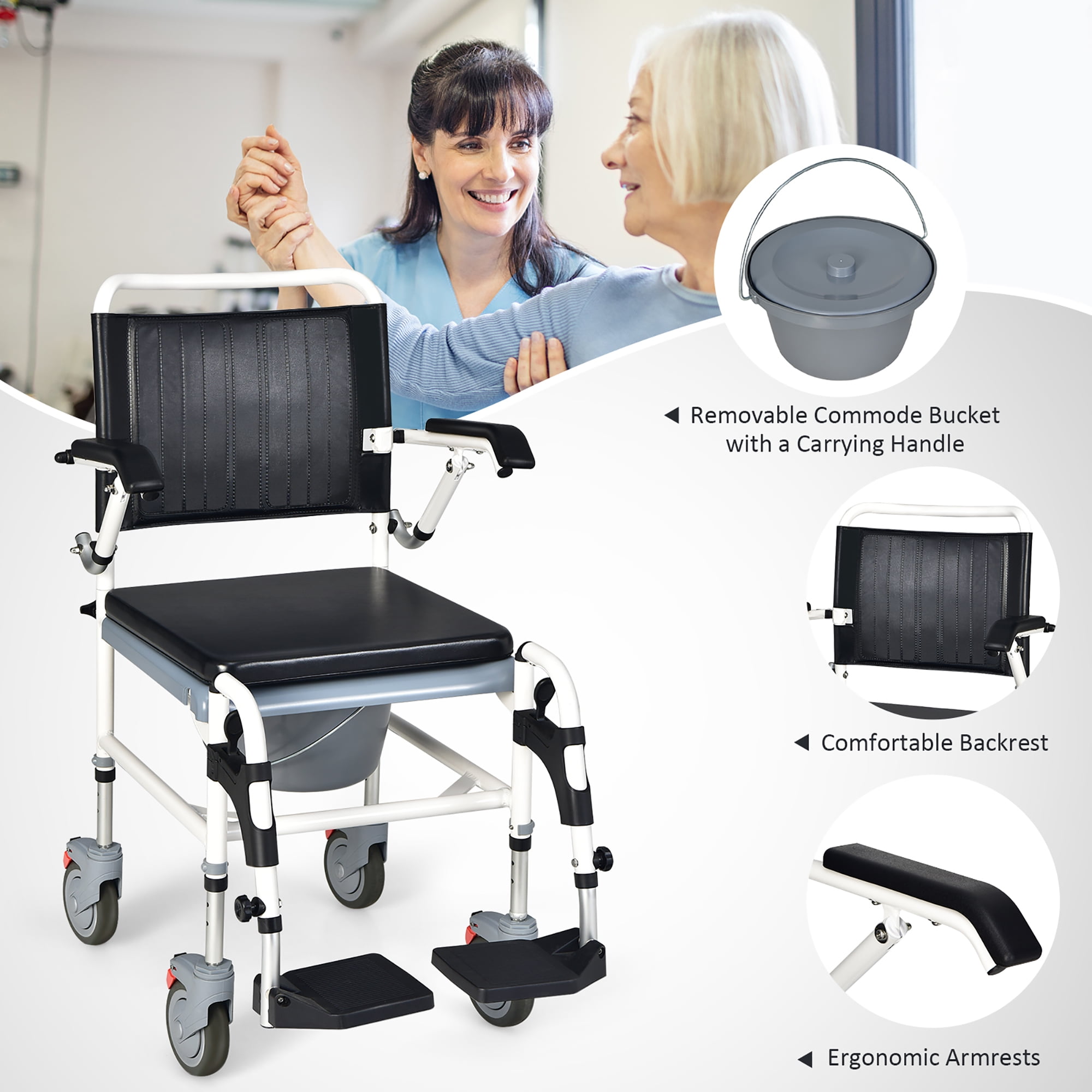 Costway 4-in-1 Bedside Commode Chair Commode Wheelchair with Detachable Bucket