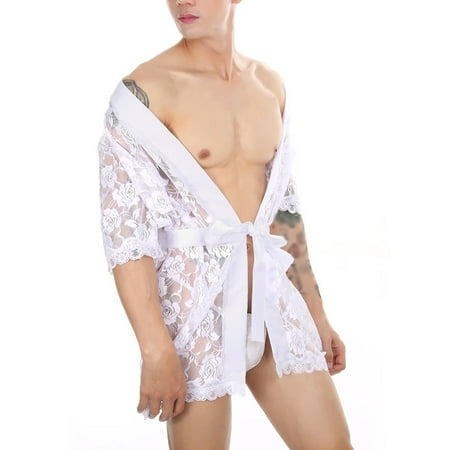 

INCERUN Men s Sexy Fancy Lace Patchwork Short Sleeve Nightgown