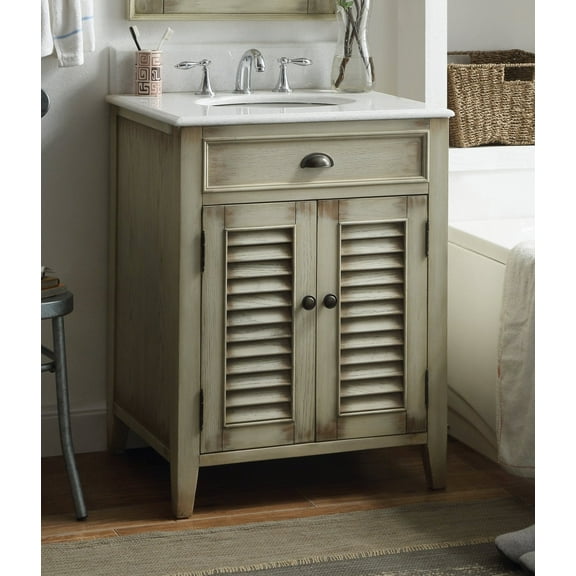 Benton Collection 26" Beige Farmhouse Bathroom Vanity with White Marble Top