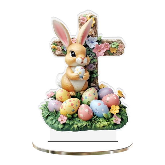 Cadancy Easter Decorations Cross Bunny Holding Eggs with Floral Decor 2D Acrylic Standing Piece Holiday Festival Ornament Home Desktop Spring Celebration Decoration