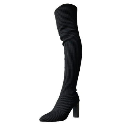 

Qufokar Cute Winter Boots for Women Knee High Nine Knee High Boots for Women Women High Heel Boots Autumn And Winter Fashion Comfortable Pointed Toe Thick Heel Stretch Knit Solid Color