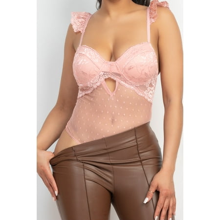 Sweetheart Cut-out Cami Ruffled Bodysuit Light Peach L