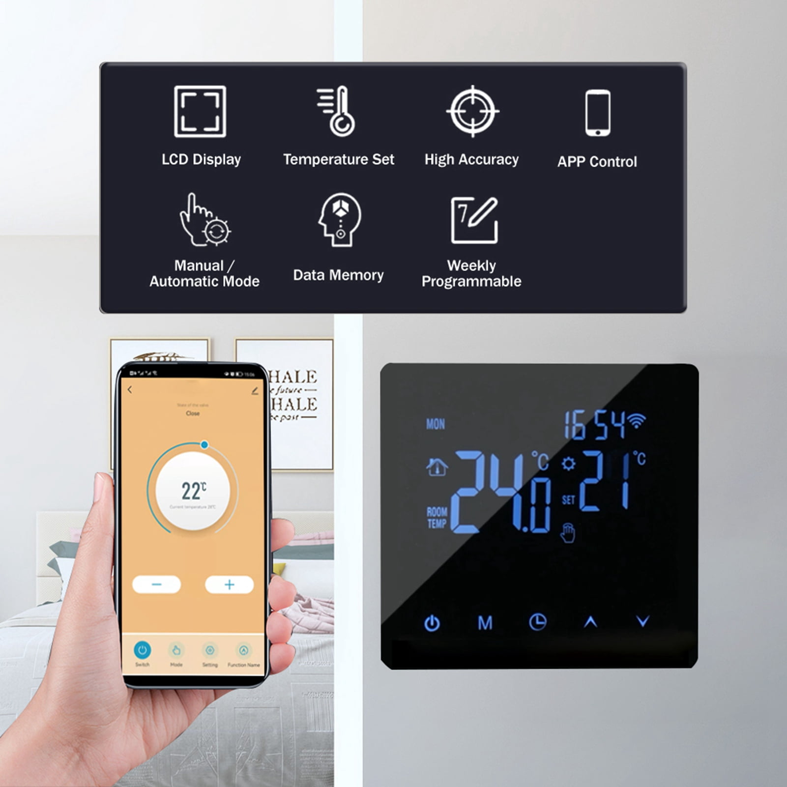 YAHHU White 16A Electric Heating Smart WiFi Thermostat with LCD Backlight Touch Screen 4.3 x 3.9 inches / 11 x 10 cm Tuya App Voice Control Programmable Underfloor Heating