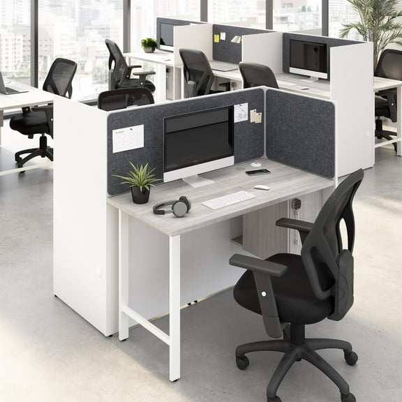 Hustle 48W 2 Person Cubicle with Tackboard in White/Gray - Engineered Wood