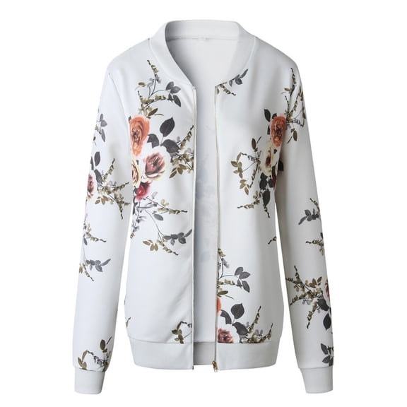 WTOBBY Women's Retro Floral Print Zip-Up Jacket with Round Neck, Long Sleeve Casual Coat Outerwear for Daily Use, Vintage Style Lightweight Top for Fall Fashion,White 5XL