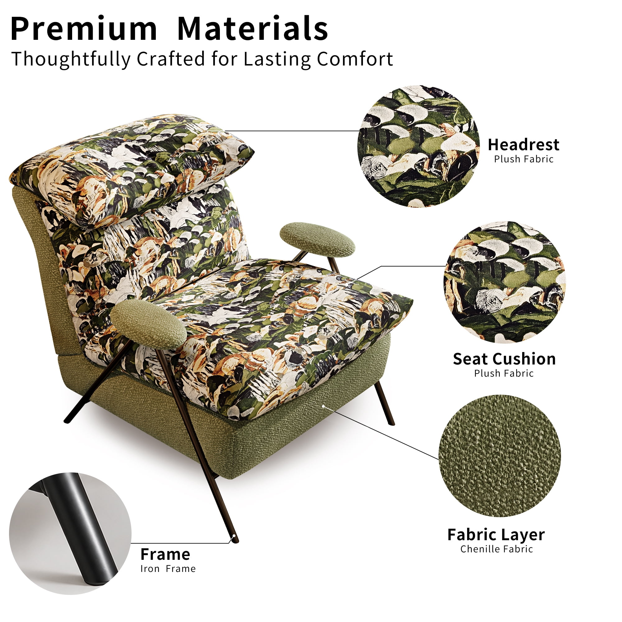 Aukfa Olive Green Floral Accent Chair, Modern Upholstered Armchair with Thick Padded Seat and Back for Living Room & Bedroom