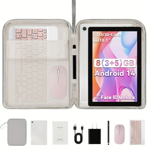 10.1" 2-in-1 Pink Tablet - FANRUINA Android 14, 8GB RAM, 64GB ROM, 5000mAh   Keyboard/Mouse/Stylus/Bag