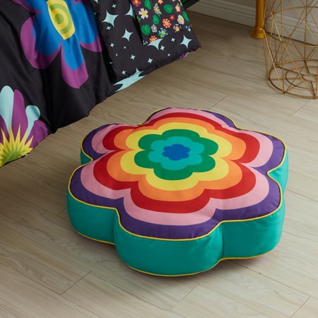 Smarts & Crafts Home Kids 25"x25"x5" Everyday Floral Rainbow Multicolor Microfiber Decorative Floor Pillow, Reversible