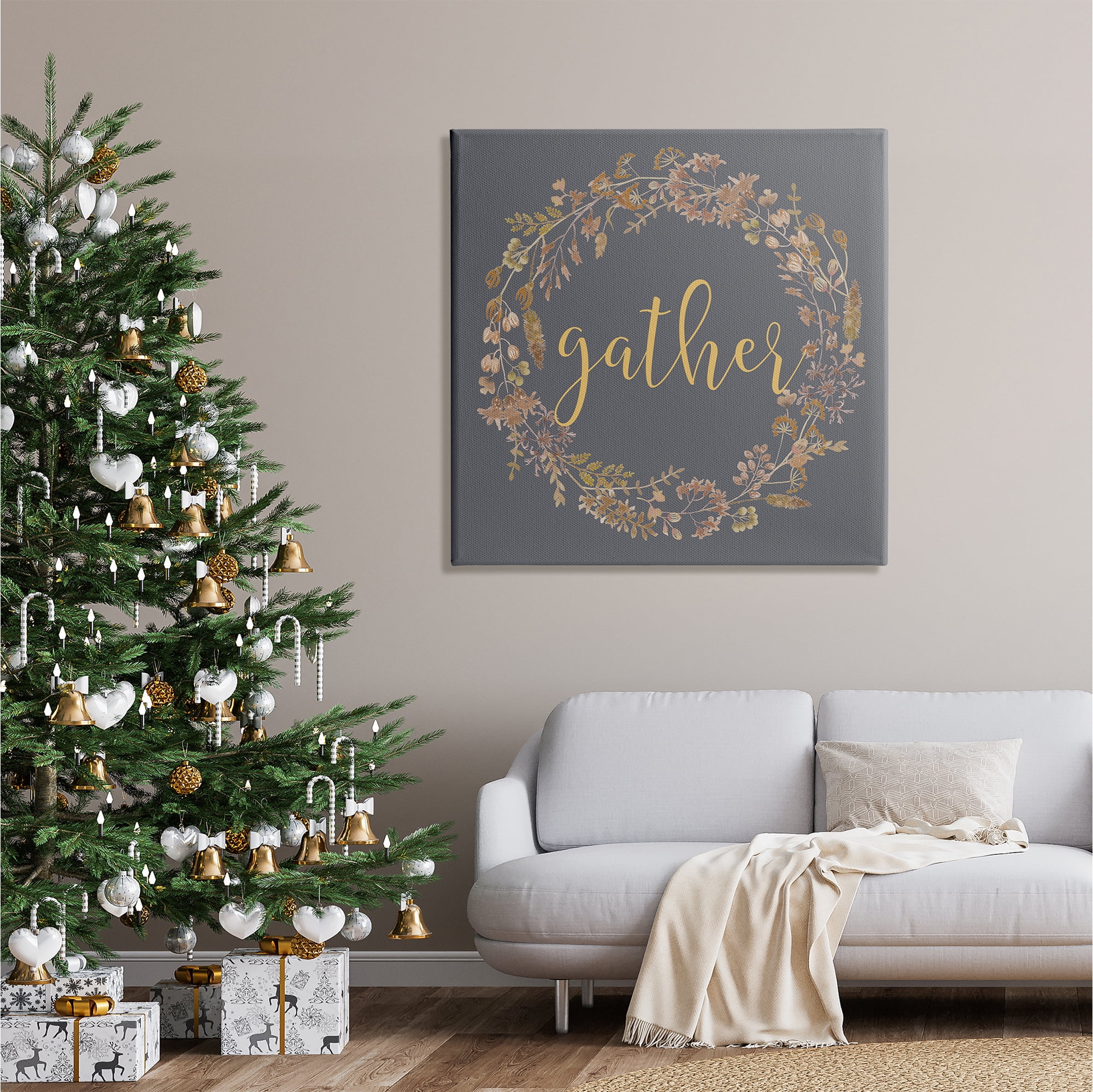 Stupell Industries Gather Calligraphy Rustic Autumn Botanical Blooms Wreath Graphic Art Gallery Wrapped Canvas Print Wall Art, Design by Lettered and Lined