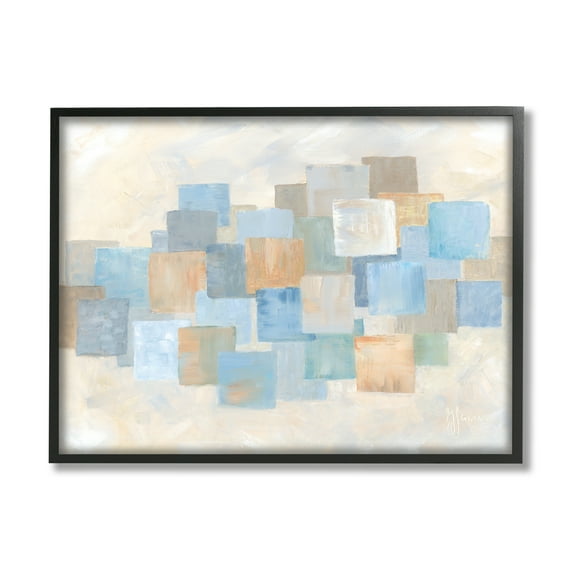 Stupell Industries Layered Blue Beige Squares Abstract Painting Black Framed Art Print Wall Art, 14 x 11