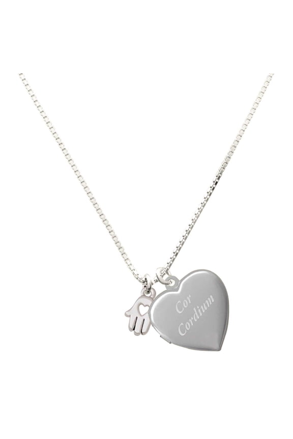 Silver Plated Small Heart Hamsa Hand - Engraved Cor Cordium Heart Locket Necklace, 17.5"+2" Extender