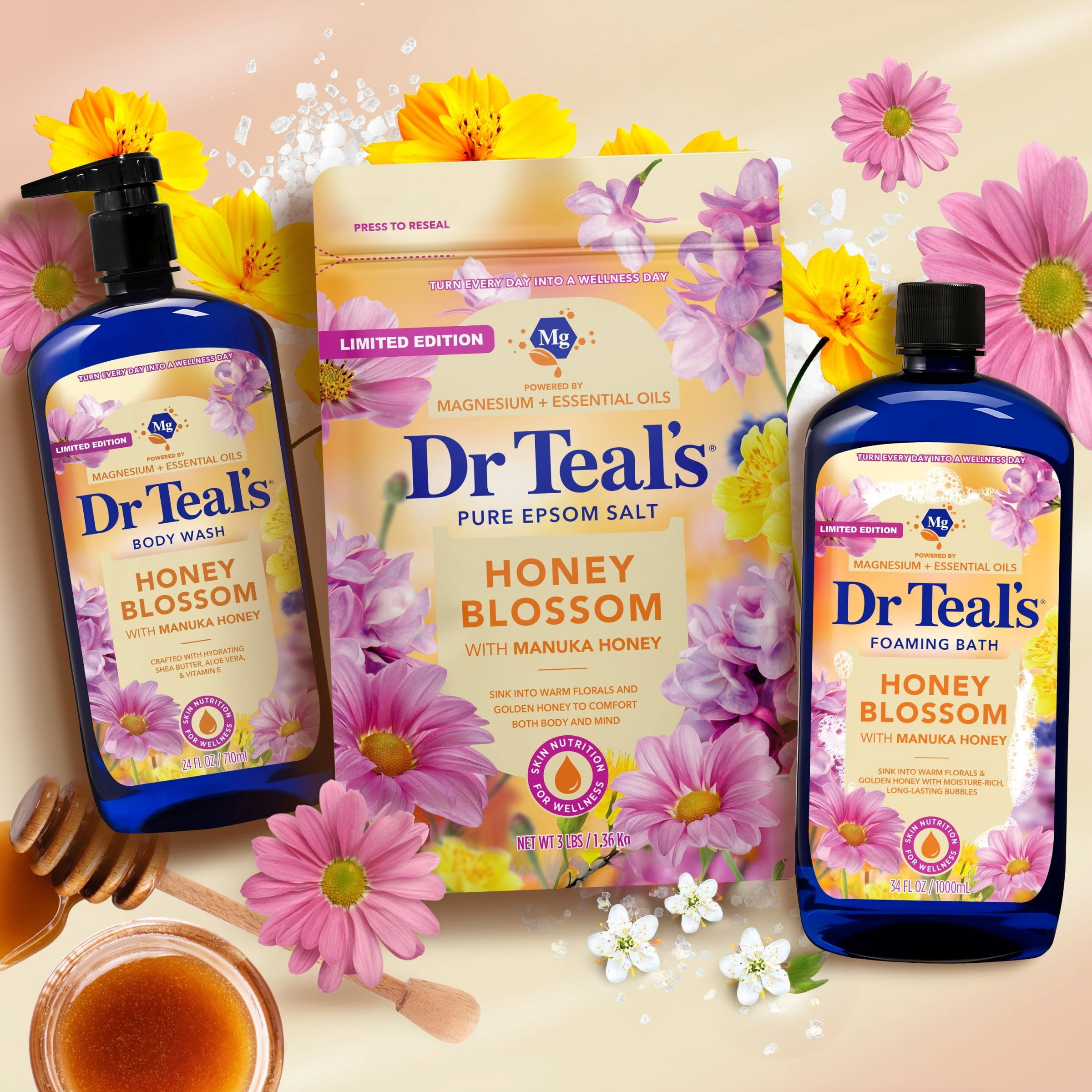 Dr Teal's Honey Blossom Body Wash with Pure Epsom Salt, 24 fl oz