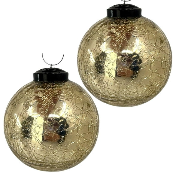 Crackle Glass Ornaments, Set of 2 Christmas Holiday Ball Globe Decorations, Gold Crackle with Silver Luster