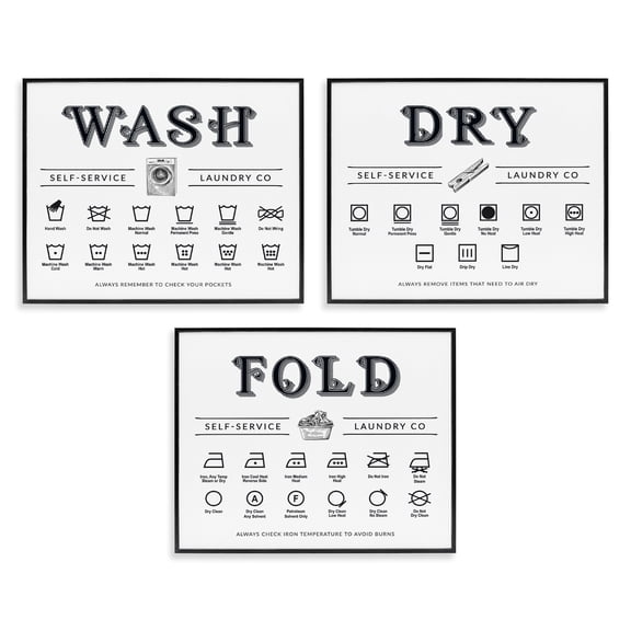 Stupell Industries Wash Dry Fold Practical Charts 3 Piece Black Framed Giclee Art Set design by Lettered and Lined, 11 x 14