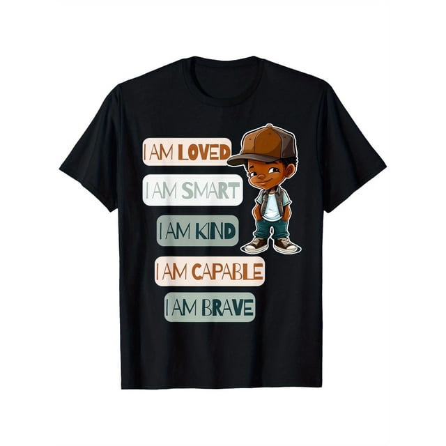 Boys Positive Affirmation Cotton T-Shirt - "I am loved, smart, kind, capable, and brave" Graphic Crew Neck T-Shirt, Comfortable Casual Streetwear, Black with Colorful Lettering