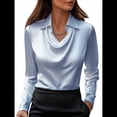 thumbnail image 3 of Camisas Elegantes de Larga con Cuello de Color Liso para Mujer, Camisetas Formales de Trabajo, Blusas Casuales de Oficina Azul L, 3 of 6