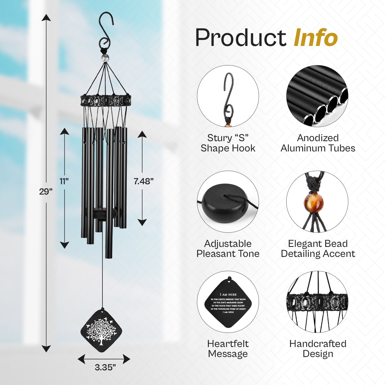 Solsken Home Memorial Wind Chimes - Relaxing, Sweet Tones - Black - 29"