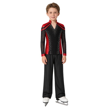 Sholeno Kids Boys Ice Skating Set V Neck Long Sleeve Shiny Rhinestone Shirt with Pants Figure Skating Dancing Outfit Red+Black 12