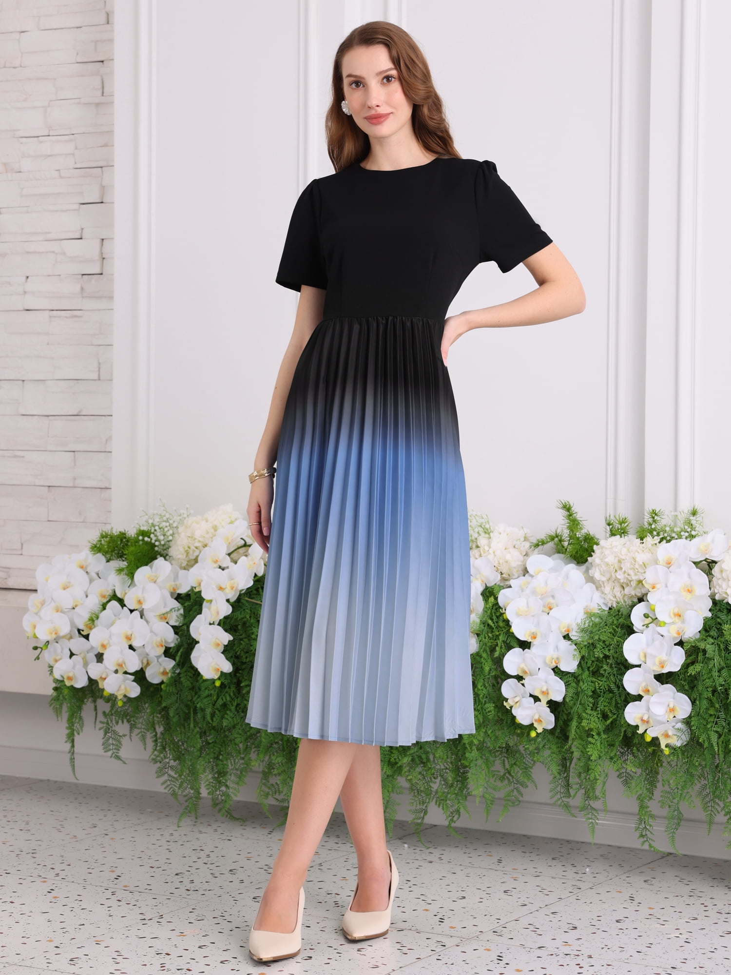 DARING DIVA Women's Short Sleeve Pleated Office Work A-Line Midi Dress 2XL Black
