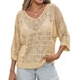 thumbnail image 2 of Womens Summer 3/4 Sleeve Off Shoulder Crochet Cover Up Top Sweater Shirts Mesh Boho Beach Swimsuit Coverup, 2 of 6