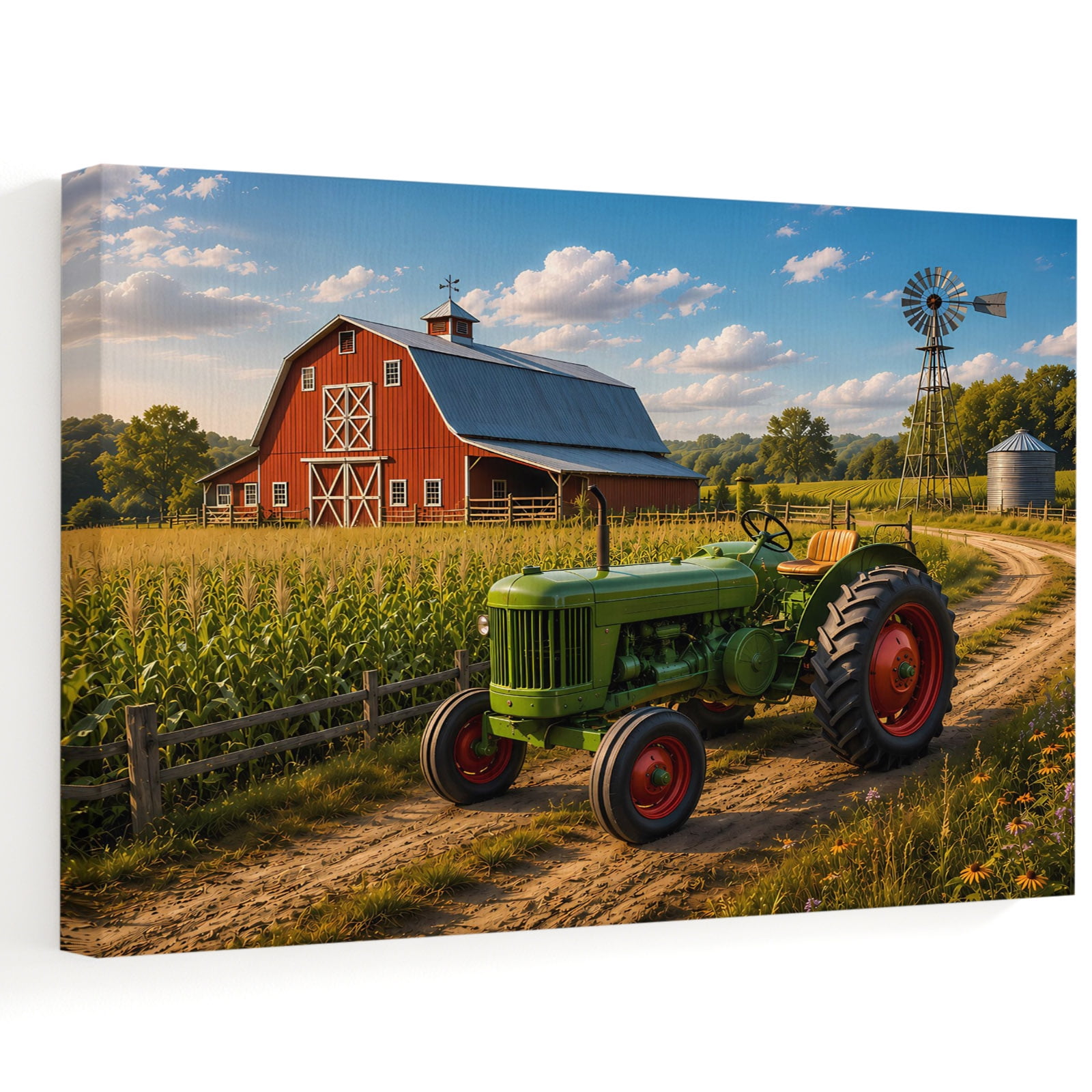 Rustic Landscape Canvas Wall Art 10 x 8 Red Barn Green Tractor Farm Scene Windmill Frame Picture Prints Ready to Hang Waterproof Artwork Decor for Bathroom Kitchen Small Wall Spaces