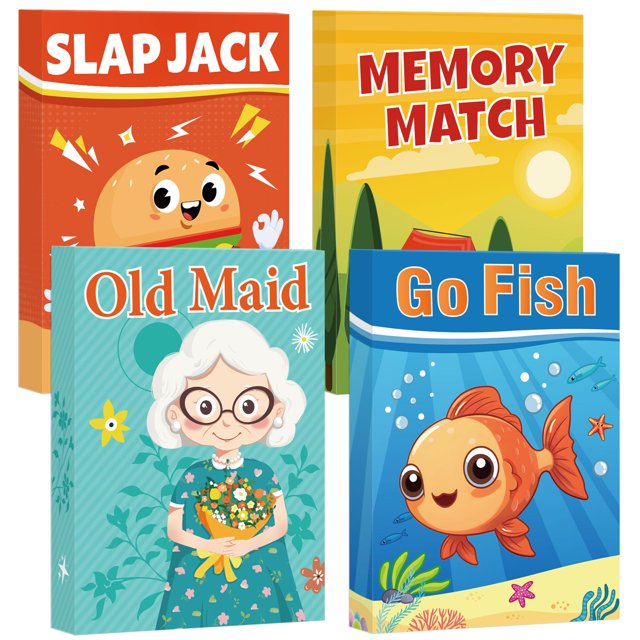 Etyishe Juegos de Cartas para niños pequeños Go Fish Old Maid Slap Jack y Memory Match 4 mazos en 1 Paquete Divertidos Juegos educativos de Gard para Juegos Familiares Juegos de Mesa Nocturnos Grandes