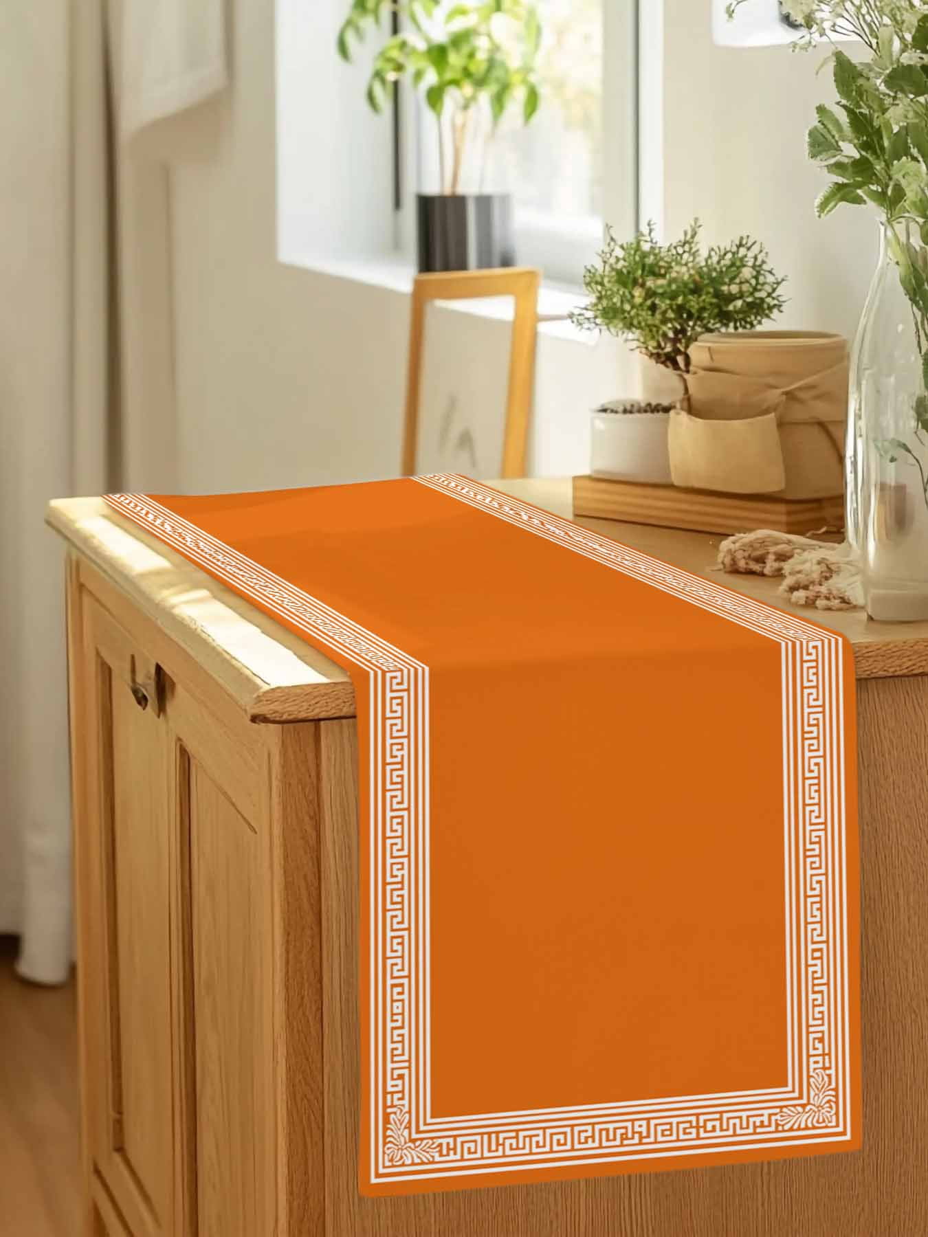 Greece Geometric Key Design Table Runner 90 Inches Long, Abstract Stripe Art on Orange Table Runners Tabletop Scarf Kitchen Dining Tables Decoration for Home Party Indoor Outdoor