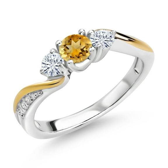 Gem Stone King 925 Silver and 10K Yellow Gold Citrine Moissanite and Lab Grown Diamond 3 Stone Engagement Ring for Women (0.48 Cttw, Size 6)