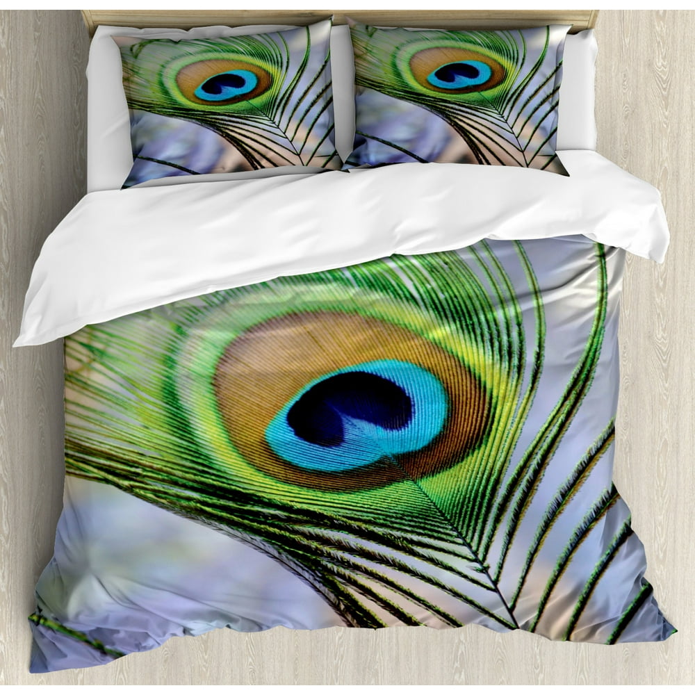 Peacock Duvet Cover Set Queen Size, Trees Birds and Feather Wildlife