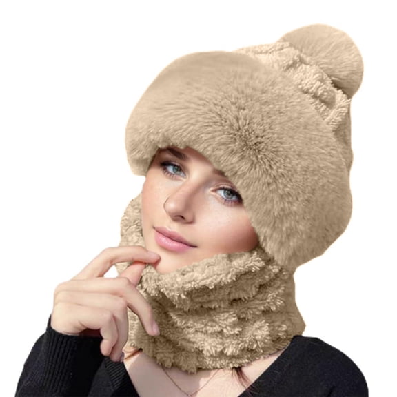 Thermal Warm Plush Hood Neck Gaiter Combo for Ladies Windproof Full Face Shield Thick Autumn Winter Integrated Hat Scarf Outdoor Daily Accessory Khaki One Size