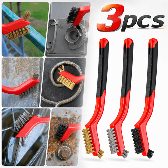 Emlimny Wire Brush Set 3Pcs - Nylon/Brass/Stainless Steel Bristles for Cleaning with Curved Handle Grip for Rust, Paint Removal, Dirt & Paint Scrubbing with Deep Cleaning – 7 Inches (Red)