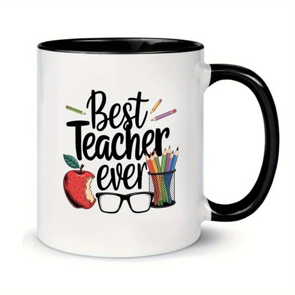 Best Teacher Ever Ceramic Mug Ideal Educators Glasses Colorful Pencils Design White with Black Handle Educational Theme Coffee or Tea