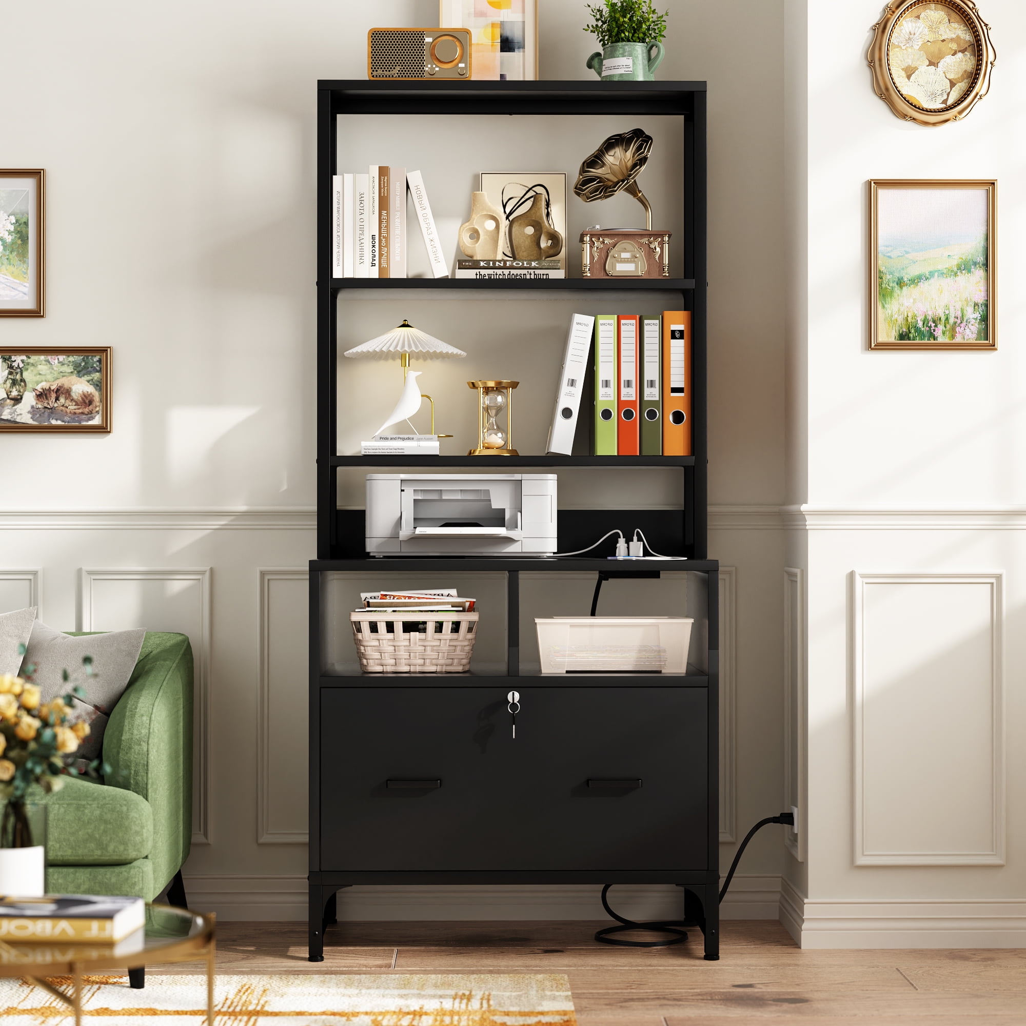 Homieasy File Cabinet with Charging Station, Lockable Vertical Filing Cabinet, Printer Stand with Large Drawer and Storage Shelves, Office Storage for Letter/A4/Legal Size, Black