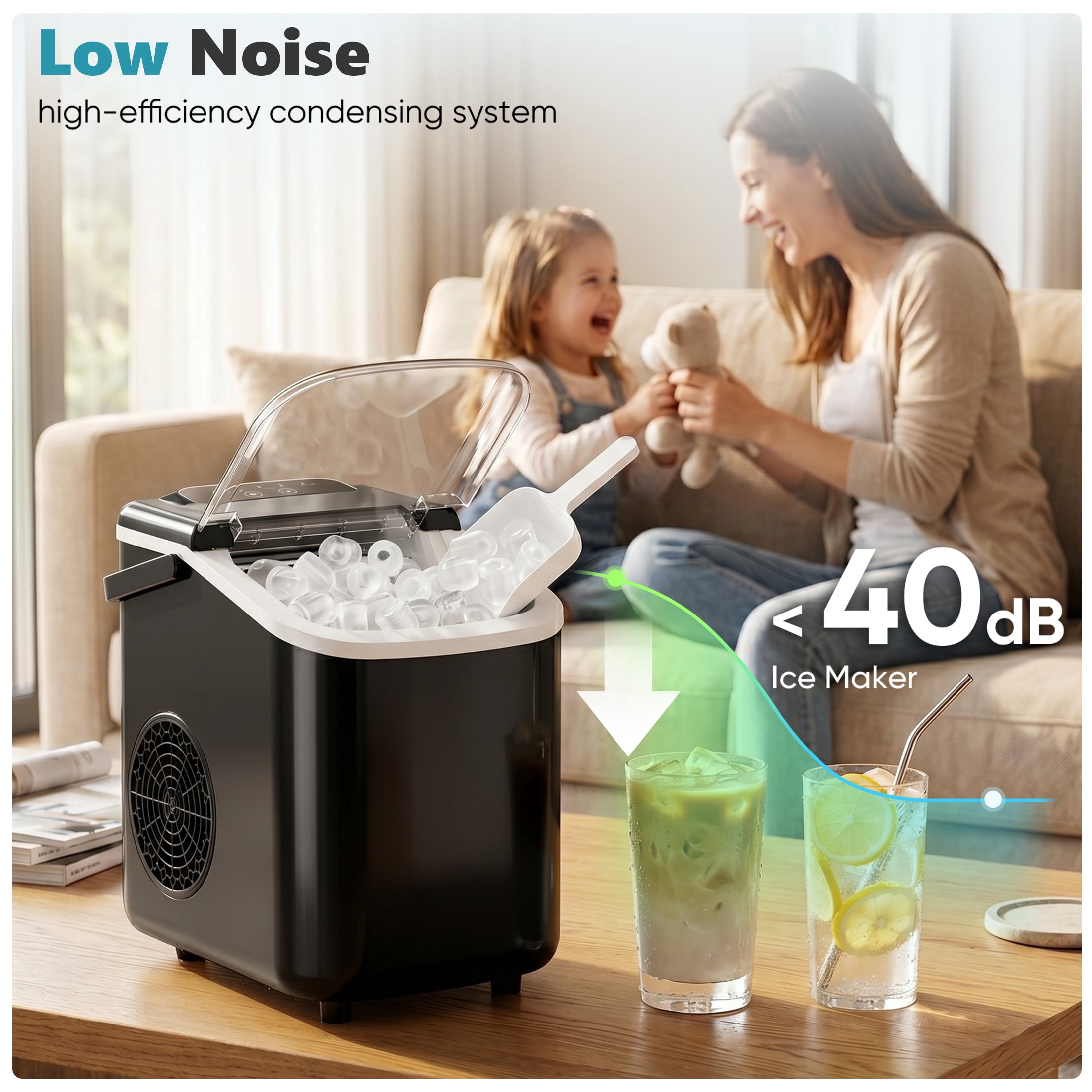 edx Ice Maker, Self-Cleaning Countertop Ice Maker, with Handle & Ice Scoop, 9 Bullet Cubes in 6~8 Mins, 26lbs Daily, Black