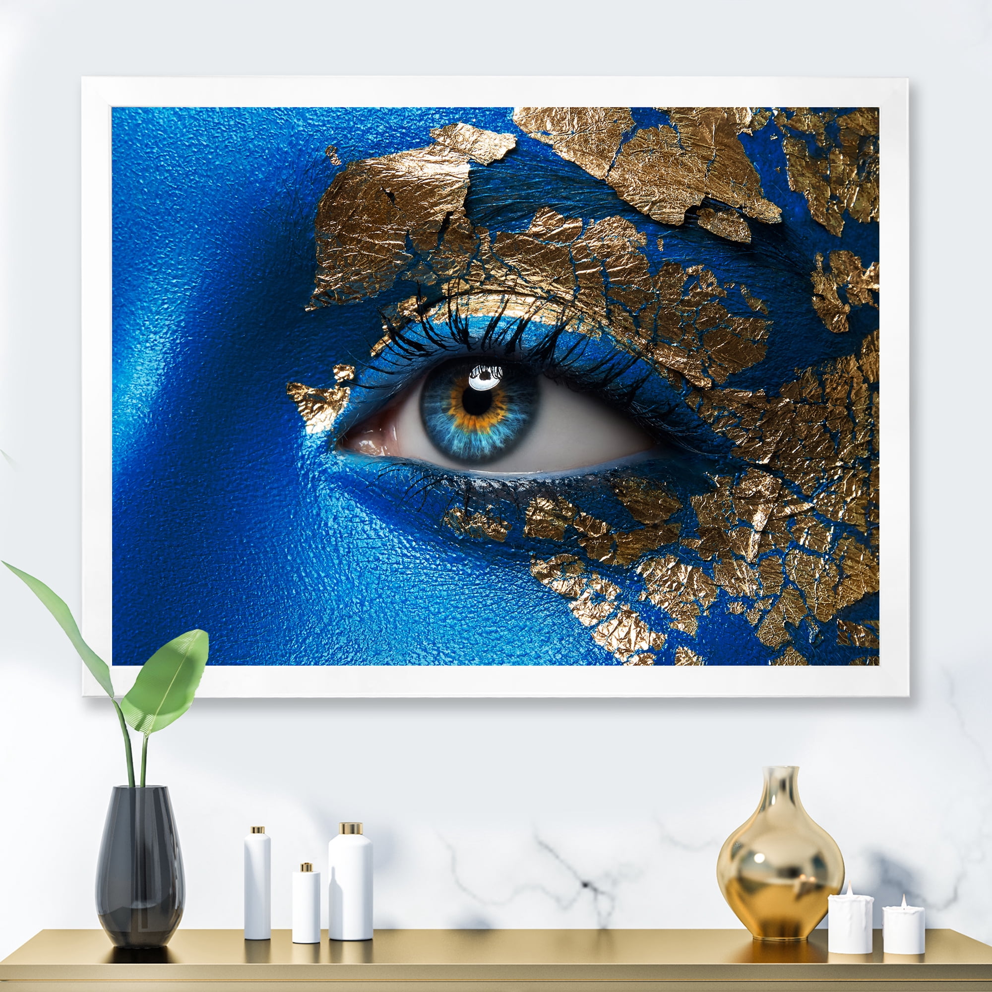 Designart 'Portrait of A Young Woman Model With Blue Make-Up' Modern Framed Art Print