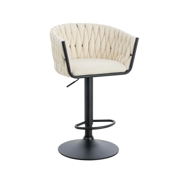 Banco para barra, en terciopelo diseño trenzado, altura ajustable, giratorio, acolchonado, estructura negro mate, vanguardista, posapié SKU EL19522 BK BEIGE TERC