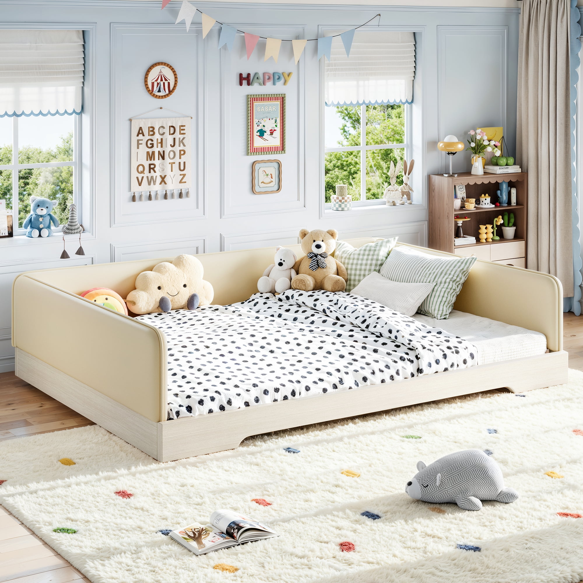 Queen Upholstered Floor Bed 82.68 Inch, Faux Leather Montessori Bed with Removable Guardrails, Low Profile Platform Bed for Kids, Beige