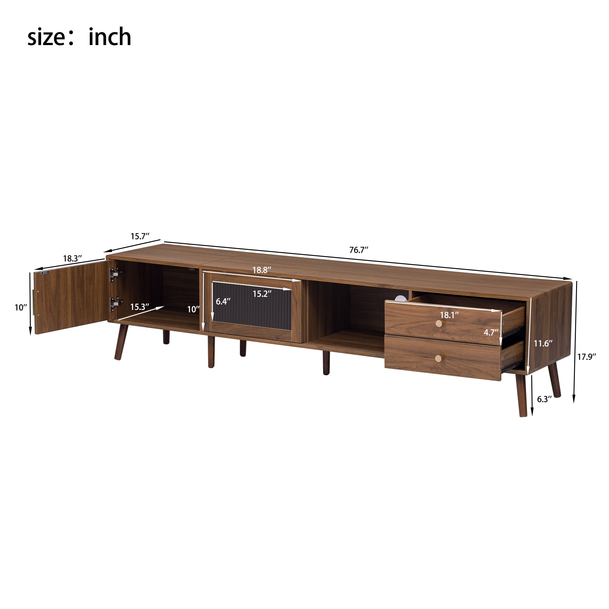 Homy Casa 76.7" Mid-Century Walnut TV Stand for 80" TVs with Sliding Glass Doors and 2 Drawers