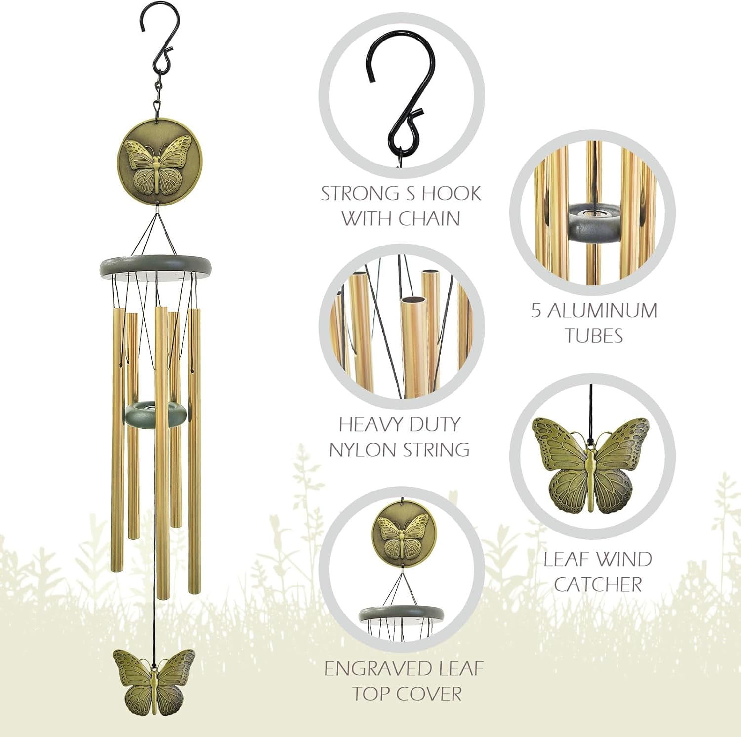 Wind Chimes Outdoor, 32” Bronze Butterfly Wind Chime for Garden Patio Yard Decor, Gift for Women