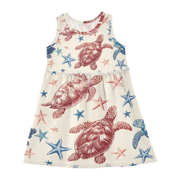 Girls Dress Sea Star Turtle Sleeveless Dress for Girls Hem A-Line Casual Sundress