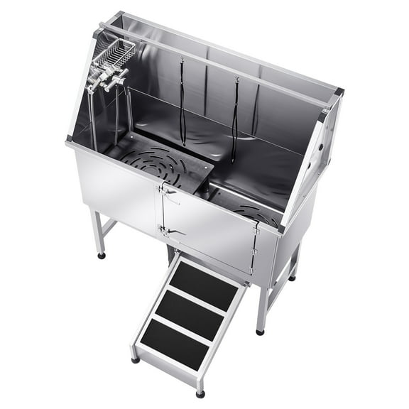 KFFKFF Stainless Steel Pet Washing Station, 50 inch Grooming Tub with Ramp, Water Filter Board, Faucet, Showerhead, and Soap Holder for Pets of All Sizes (Right Door)
