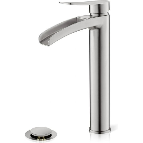 Brushed Nickel Tall Bathroom Vessel Sink Faucet, Single Hole Single Handle Waterfall Modern Bathroom Faucet, with Pop Up Drain and Water Supply Line,