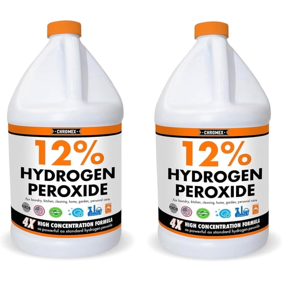 Chromex Hydrogen Peroxide 12% Food Grade, 4x Power Concentrated Solution, Dilute to 8 Gallons, Versatile Uses Include Topical Care, Home, Kitchen, Bath Cleaner, Laundry, Whitening - 2 Gallons