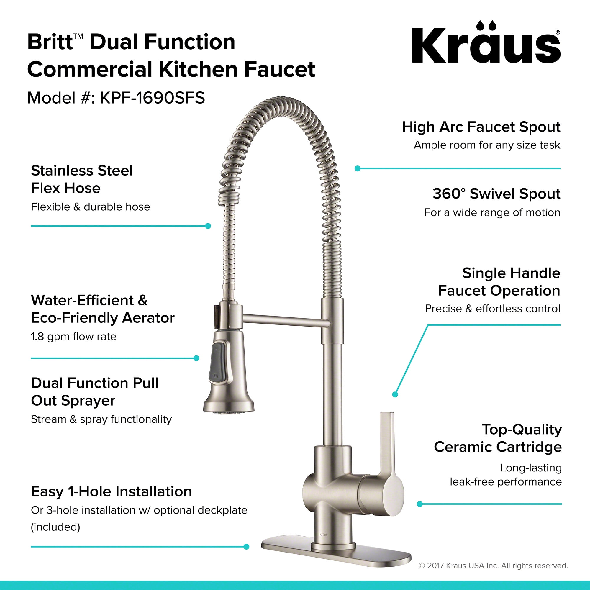 Kraus Britt Single Handle Commercial Kitchen Faucet With Dual Function Sprayhead In All Brite Spot Free Stainless Steel Finish