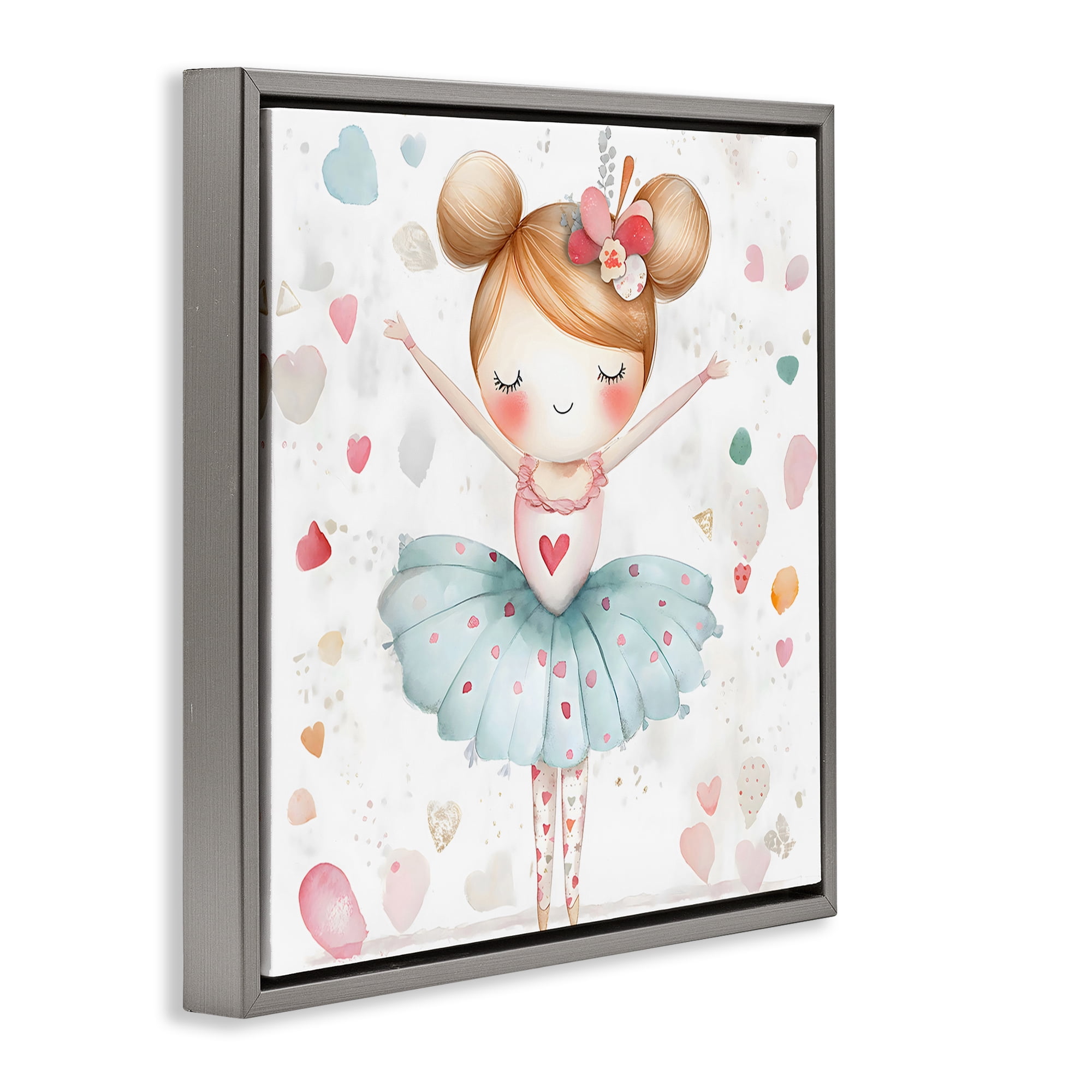 Stupell Industries Cute Ballerina with Hearts Gray Framed Floater Canvas Wall Art, design by Creative Studio