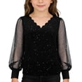thumbnail image 3 of Girls Casual Carnival Party Long Sleeve V Neck Top Sparkly Loose T Shirt Soft Lightweight Teens Festive Celebration Blouse Black 4-5 Y, 3 of 10