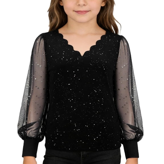 WOYY Toddler Girls Sparkly Sequins Mesh Long Sleeve Blouse V Neck Party Shirt, Sizes 4-5T