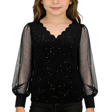QUOTAY Girls Long Sleeve V-Neck Girls Tops Sparkly Collar Loose Fit Casual Tee Shirt For Tweens Festive Holiday Party Celebration Blouse Glitter Sheer Mesh Top 01_Black 160
